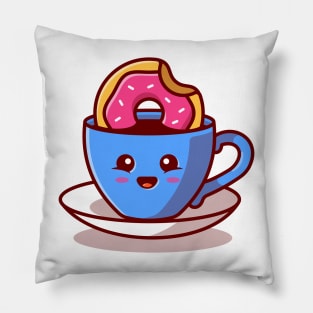 Cute Hot Coffee With Doughnut Cartoon Pillow