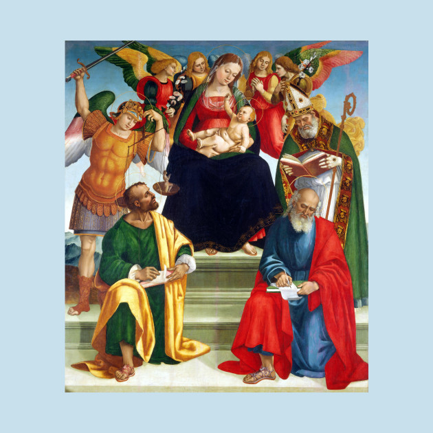 Discover Luca Signorelli Madonna and Child with Saints and Angels - Catholic - T-Shirt