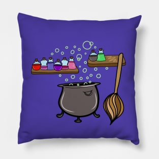 Cartoon Potions, Cauldron, and Broomstick, made by EndlessEmporium Pillow