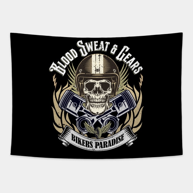 Biker Quote Skull Head Blood Sweat and Gears Tapestry by antarte