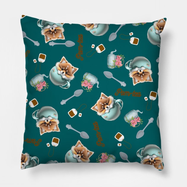 Cute Pomeranian Teacup Floral Teapot Teaspoon Tea Bag Ocean Teal Pattern Pillow by SweetPawsnClaws