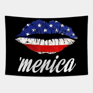Kiss Lips Merica Funny Love 4th of July American Flag Tapestry