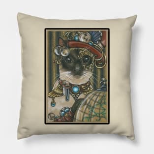 Steampunk Cat Traveler - Siamese Cat - Black Outlined Version Pillow