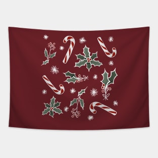 Boughs Of Holly and Candy Canes Festive Pattern Digital Illustration Tapestry