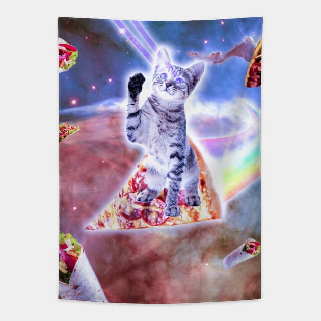 Laser Eyes Space Cat Riding Rainbow Pizza Tapestry by Random Galaxy