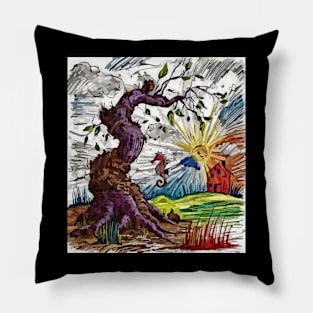 watercolor seahorse weird tree with house Pillow