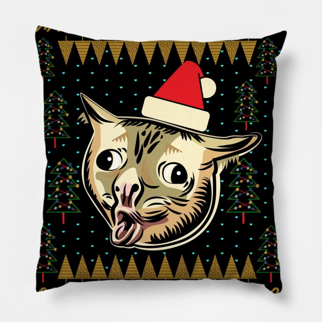 Coughing Cat Meme Ugly Christmas Sweater Pillow by okpinsArtDesign