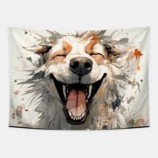 Unconditional Love: Happy Dog Smiles on a Dark Background Tapestry