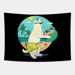 Kawaii Hawaii Aloha Cat Coconut Beach Summer Vacation Tapestry