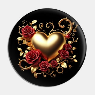 Valentines Day Gold Heart and Red Roses Pin