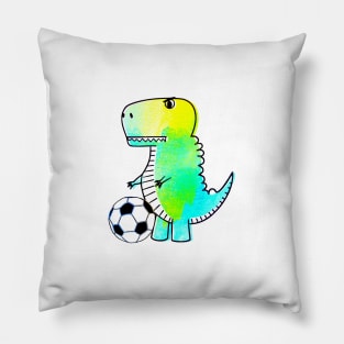 Cute Dinosaur Loves Soccer Watercolor Pillow