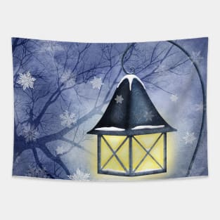 Magic vintage streetlight watercolor illustration. Snow night. Snowflakes, tree branches. Winter park scenery Tapestry