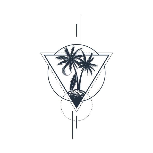 Palms, Surfboard And The Moon. Geometric, Line Art Style by SlothAstronaut