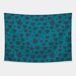 Teacup and Teapot Silhouettes- blue teal Tapestry