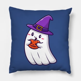 Cute Witch Ghost Holding Pumpkin Halloween Cartoon Pillow