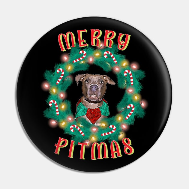 Merry Pitmas Pitbull Glowing Wreath And Candy Canes Pin by Rosemarie Guieb Designs