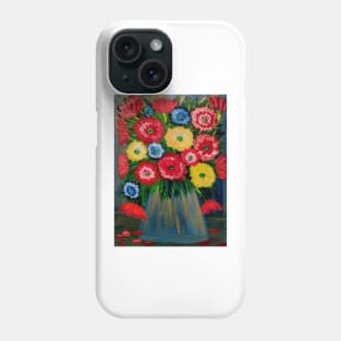 Some beautiful abstract flowers set against a lovely blueand gold vase . Phone Case