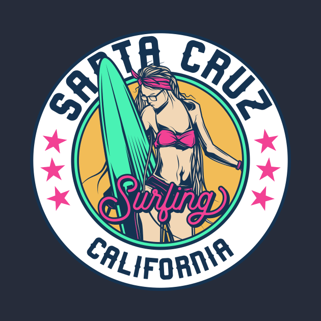 Retro Surfer Babe Badge Santa Cruz California by Now Boarding