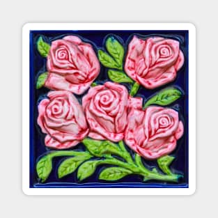 Pink Roses Majolica Floral Tile Magnet