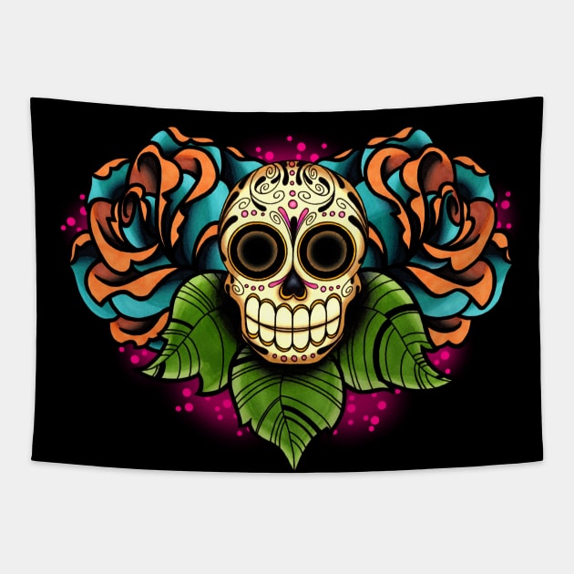 Sugar Skull and Roses - Dia de los Muertos Calavera - Day of the Dead Skull Tapestry by prettyinink