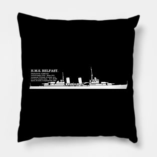 HMS Belfast British WW2 Light Cruiser Ship Infographic Silhouette Pillow