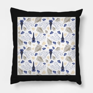 Blue Dragonfly and Leaf Pattern on White Pillow