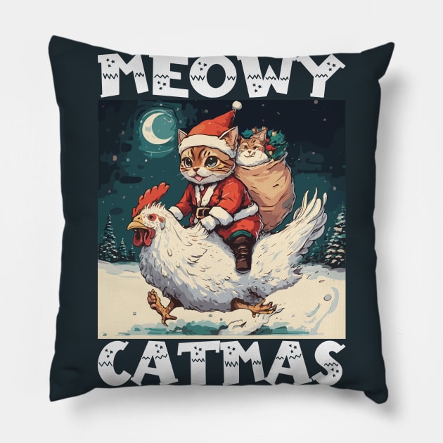 Meowy Catmas - 2, Funny Cute Cat on a Chicken Pillow by Megadorim