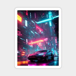 Dark Neon City Sports Car Magnet