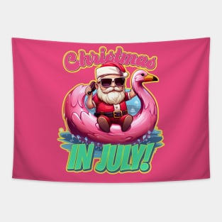 Christmas in July Santa on a Cellphone Pink Flamingo Tapestry