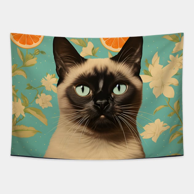 Retro Kitsch Siamese Cat and Citrus Fruit Collage Tapestry by KittyStampedeCo