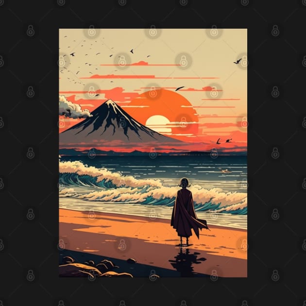 girl watching setting sun on the beach ukiyo e by SJG-digital