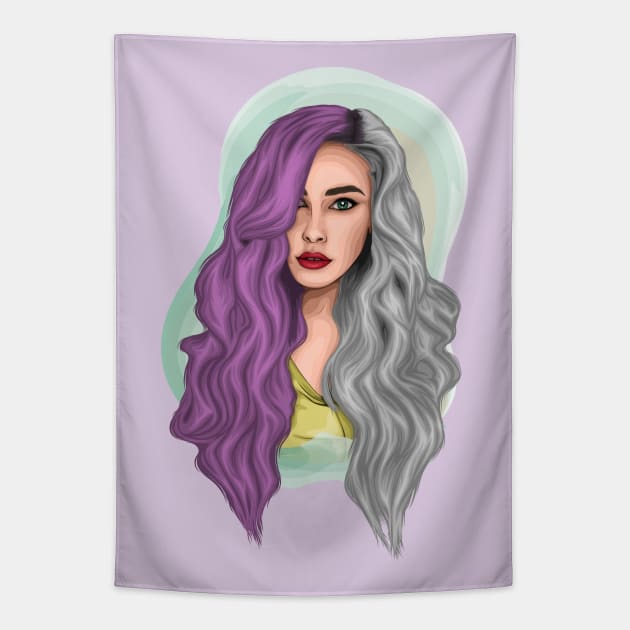 Girl portrait with purple and silver hair Tapestry by klara_art