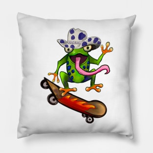 Frog Kawaii Froggy Skateboarding Cute Frog in blue Texas cowboy hat Funny toad toads amphibian tadpole Green Red eyed tree frogs rain forest Lizard dragon zoology gift frog Pillow