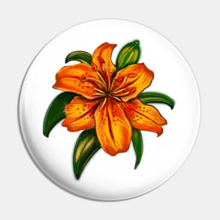 Lily Lilly flower painting  - single yellow orange tiger  tiger lily with green leaves Pin