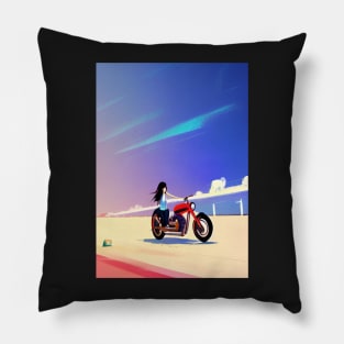 JAPANESE GIRL COOL RETRO MOTORCYCLE ON THE BEACH Pillow