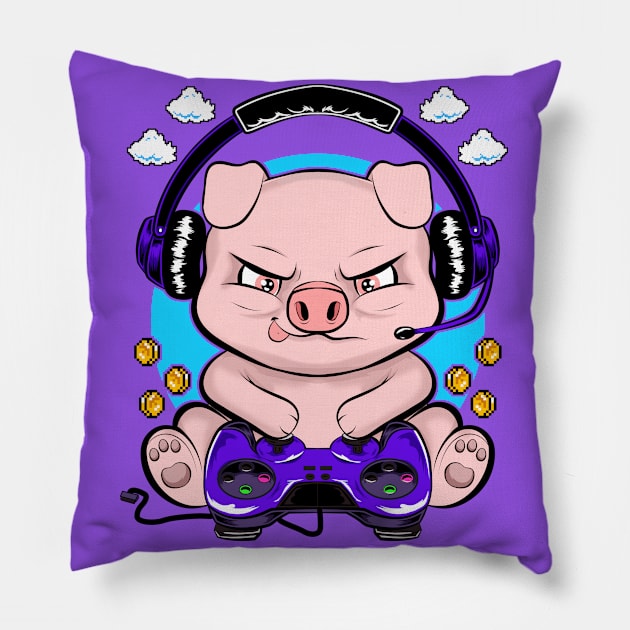 gamer pig, gaming addicts Pillow by the house of parodies