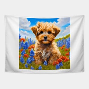 Yorkipoo Puppy in Texas Wildflower Field Tapestry