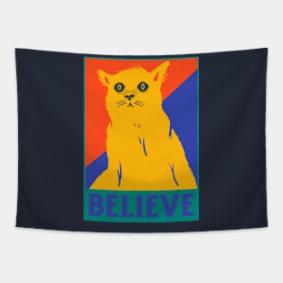 Believe / Retro Design / Funny Cat / Yellow Cat Tapestry