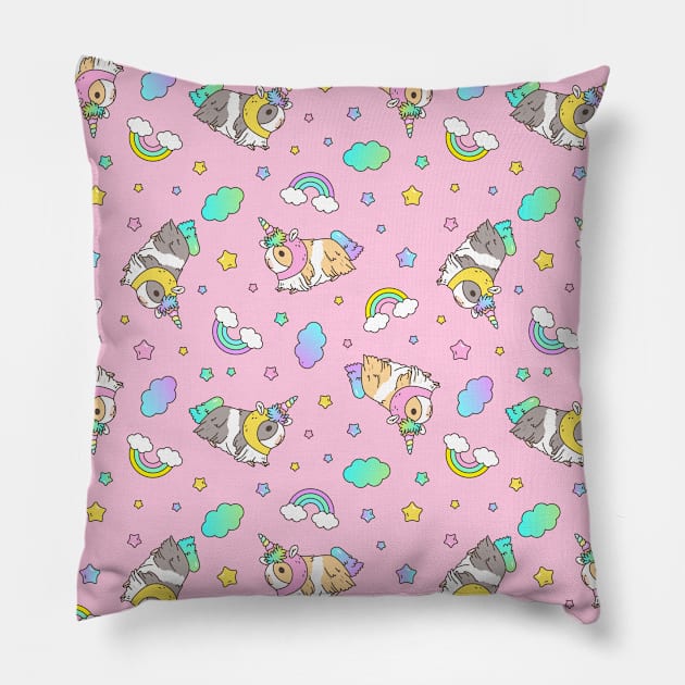 Kawaii Guinea pig in Unicorn Costume Pattern in Pink Pillow by Noristudio