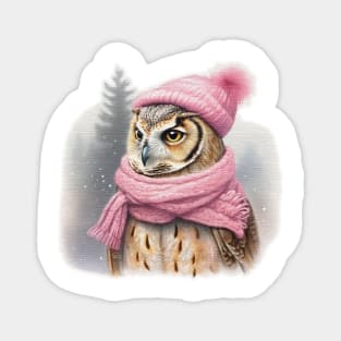 Adorable cute owl wearing a pink hat and scarf Magnet