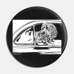 Labradoodle in a Car Linoprint Pin