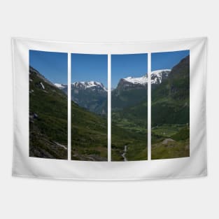 Wonderful landscapes in Norway. Vestland. Beautiful scenery of mountain valley in Djupevatn on the Geiranger -Trollstigen scenic route. Snowed mountains and winding roads in background Tapestry