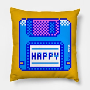 Happy Geek Blue Retro Floppy Disk Pixel Art Pillow