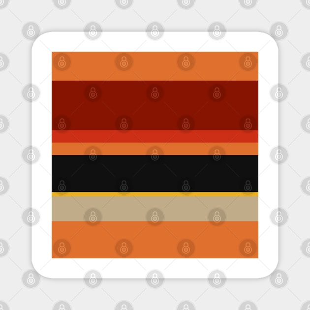 A well-made collection of Police Blue, Ming, Putty, Lanzones, Squash, Brownish Orange, Rusty Red, Brick Red and Chinese Black stripes. Magnet by Sociable Stripes