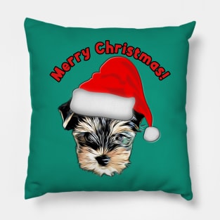 Cute Yorkshire Terrier Yorkie with Santa Hat Pillow