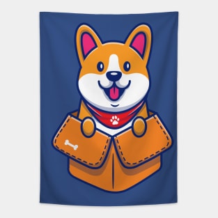 Cute Corgi Plalying In Box Cartoon Tapestry