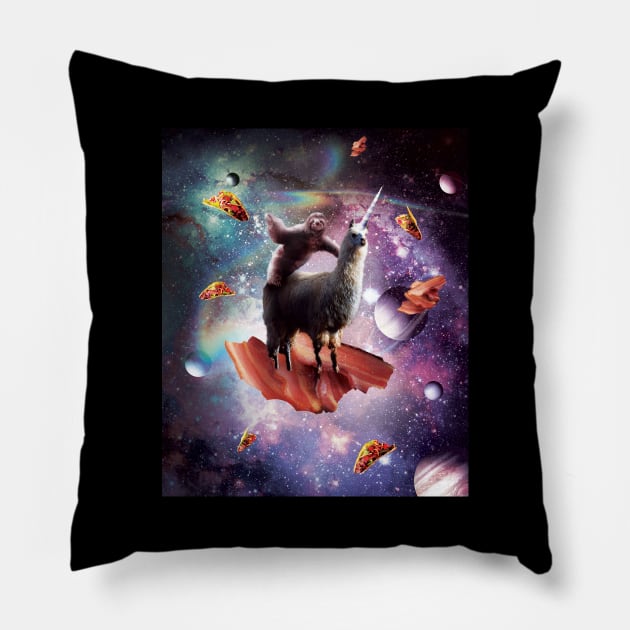 Space Sloth Riding Llama Unicorn - Bacon & Taco Pillow by Random Galaxy