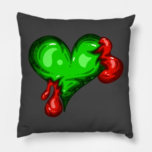 Green Dead Zombie Heart Cartoon Illustration with Blood and for Valentines Day or Halloween Pillow