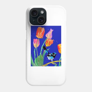 Abstract Blue Wren and Tulips Painting - on Navy Blue Phone Case