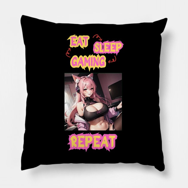 Eat Sleep Gaming Repeat Anime Girl Pillow by Clicks Clothes